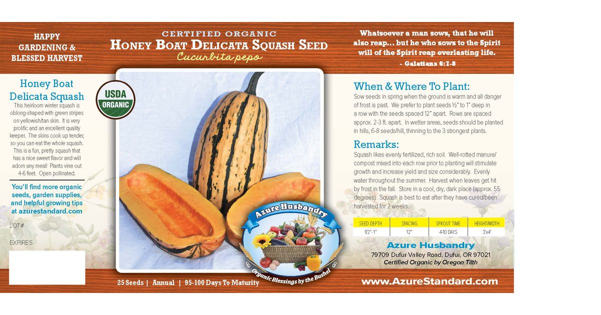 Azure Husbandry Honey Boat Delicata Squash Seed, Organic - Azure