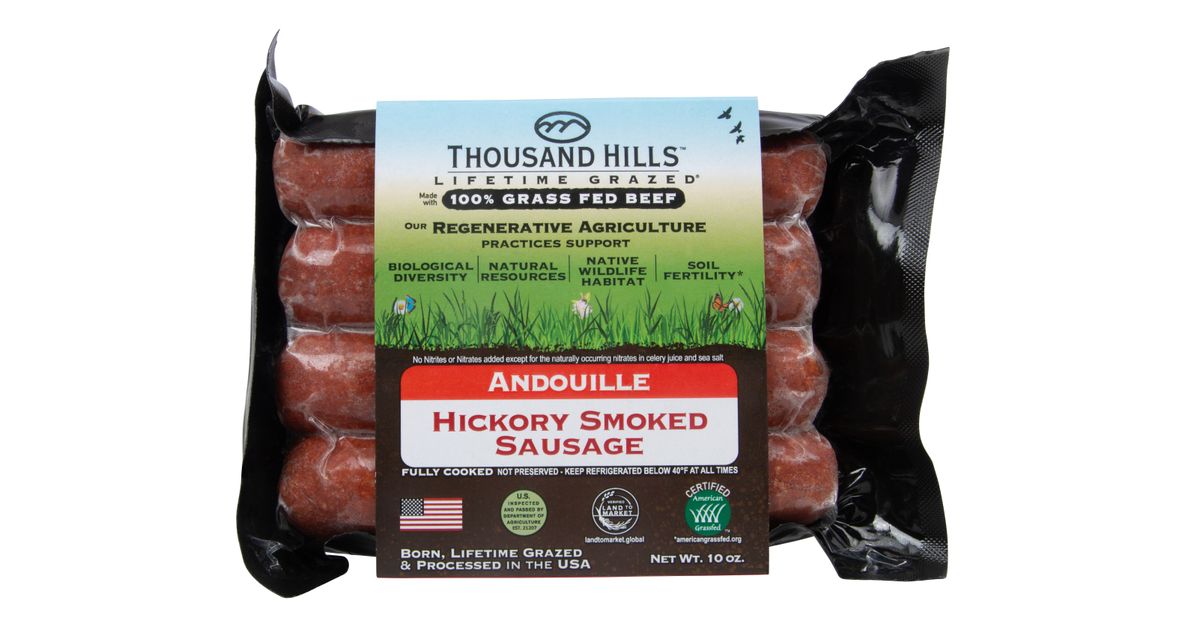 Thousand Hills Andouille Sausage Beef Uncured Hickory Smoked Frozen Grass Fed Azure Standard