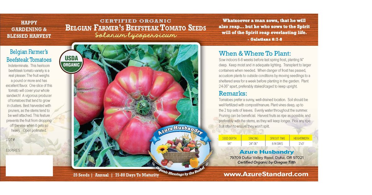 Azure Husbandry Belgian Farmer's Beefsteak Tomato Seed, Organic