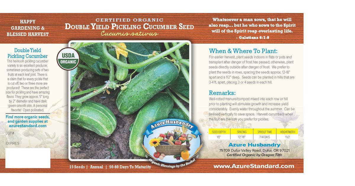 Azure Husbandry Double Yield Pickling Cucumber Seed, Organic
