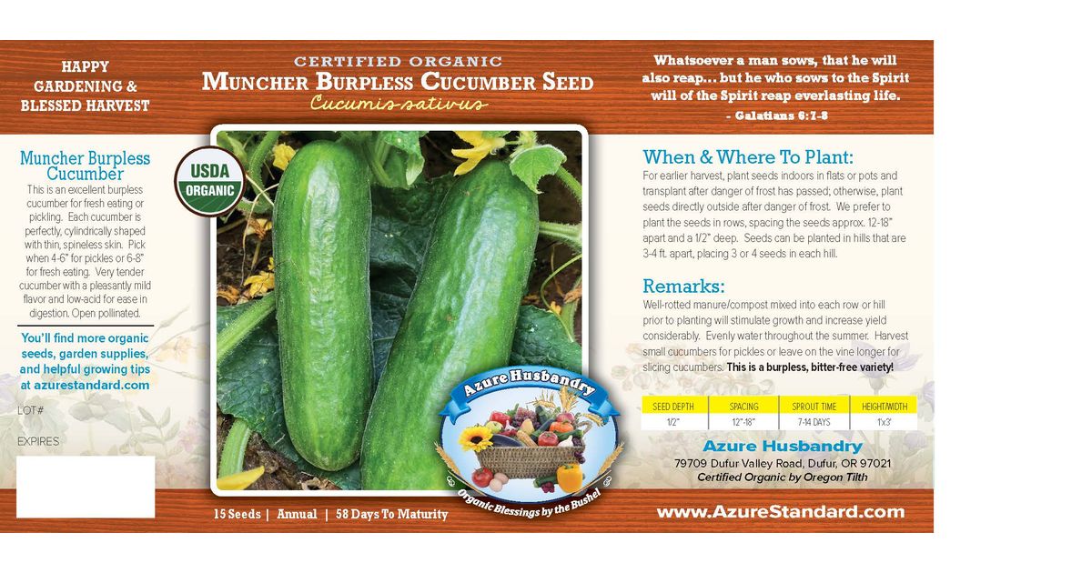 Azure Husbandry Muncher Burpless Cucumber Seed, Organic - Azure