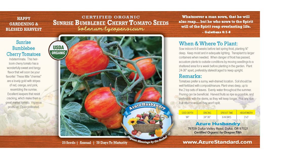 Azure Husbandry Sunrise Bumblebee Cherry Tomato Seed, Organic