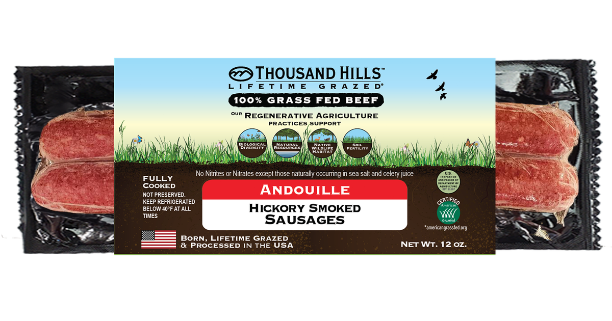 Thousand Hills Andouille Sausage, Beef, Uncured, Hickory Smoked