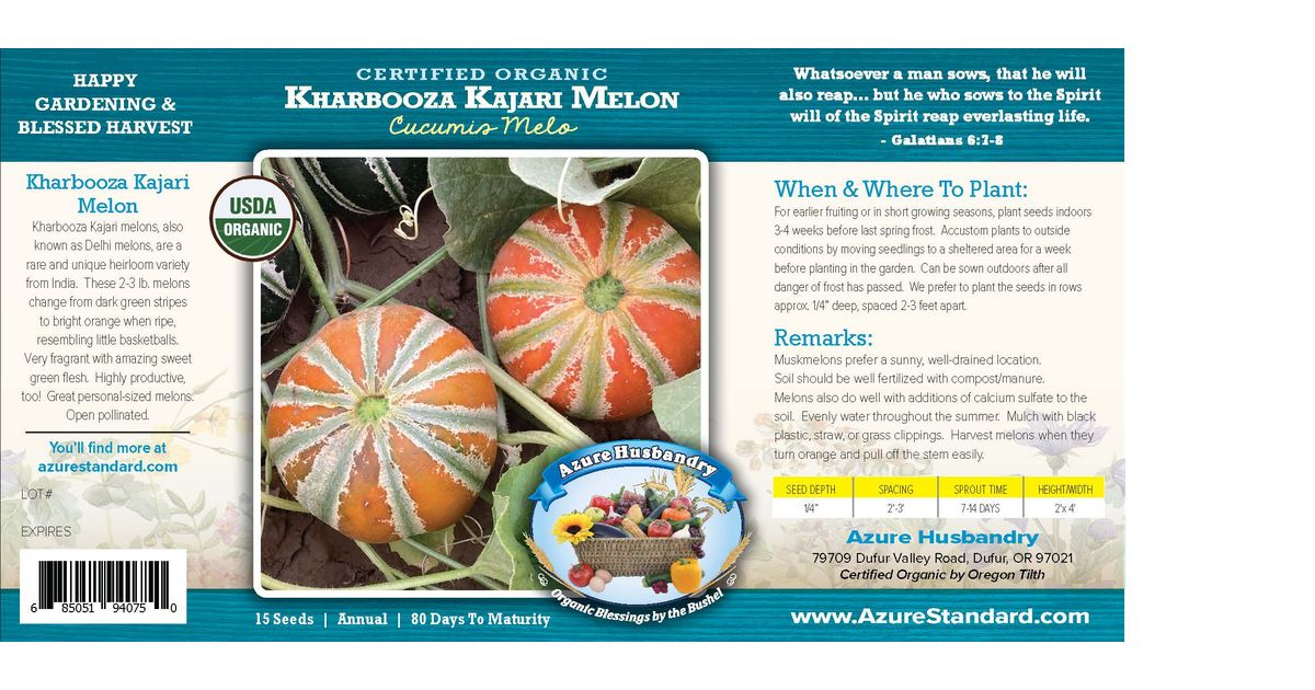 Azure Husbandry Kharbooza Kajari Melon Seed, Organic Azure Standard