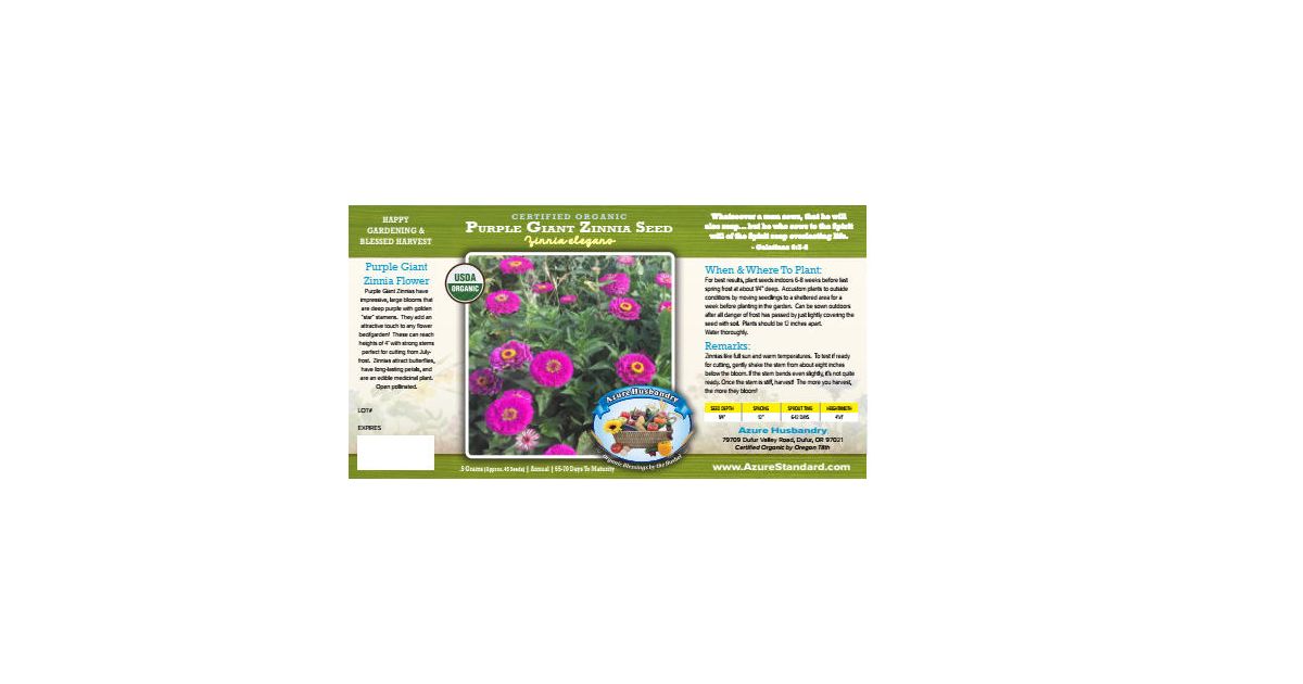 Azure Husbandry Purple Giant Zinnia Seed, Organic - Azure Standard