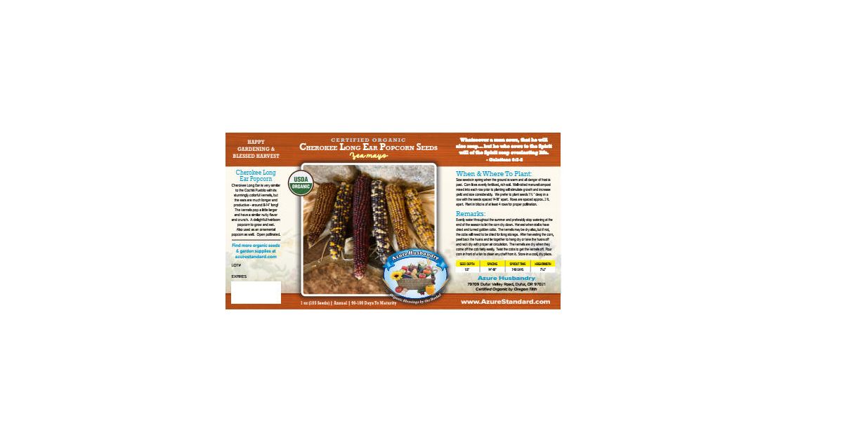 Azure Husbandry Cherokee Long Ear Popcorn Seed, Organic Azure Standard