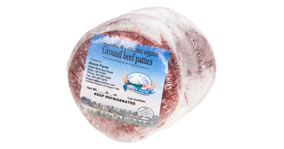 Azure Farm Piedmontese Ground Beef Patties, GrassFed, Frozen, Organic Azure Standard