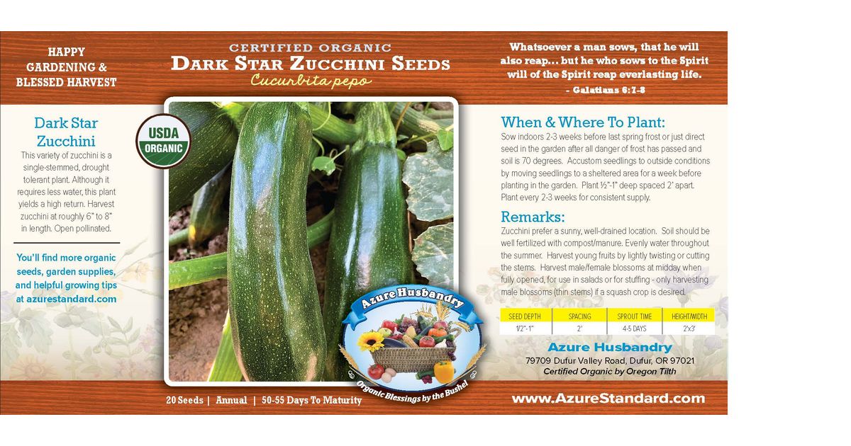 Azure Husbandry Dark Star Zucchini Seed, Organic - Azure Standard