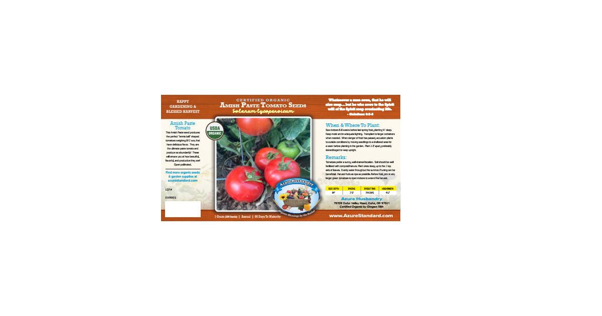 Azure Husbandry Amish Paste Tomato Seed, Organic - Azure Standard