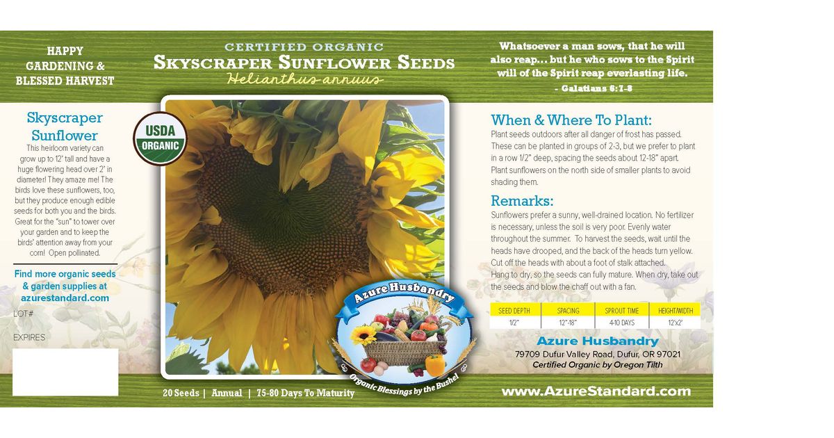 Azure Husbandry Organic Skyscraper Sunflower Seed, 3 x 20 seeds