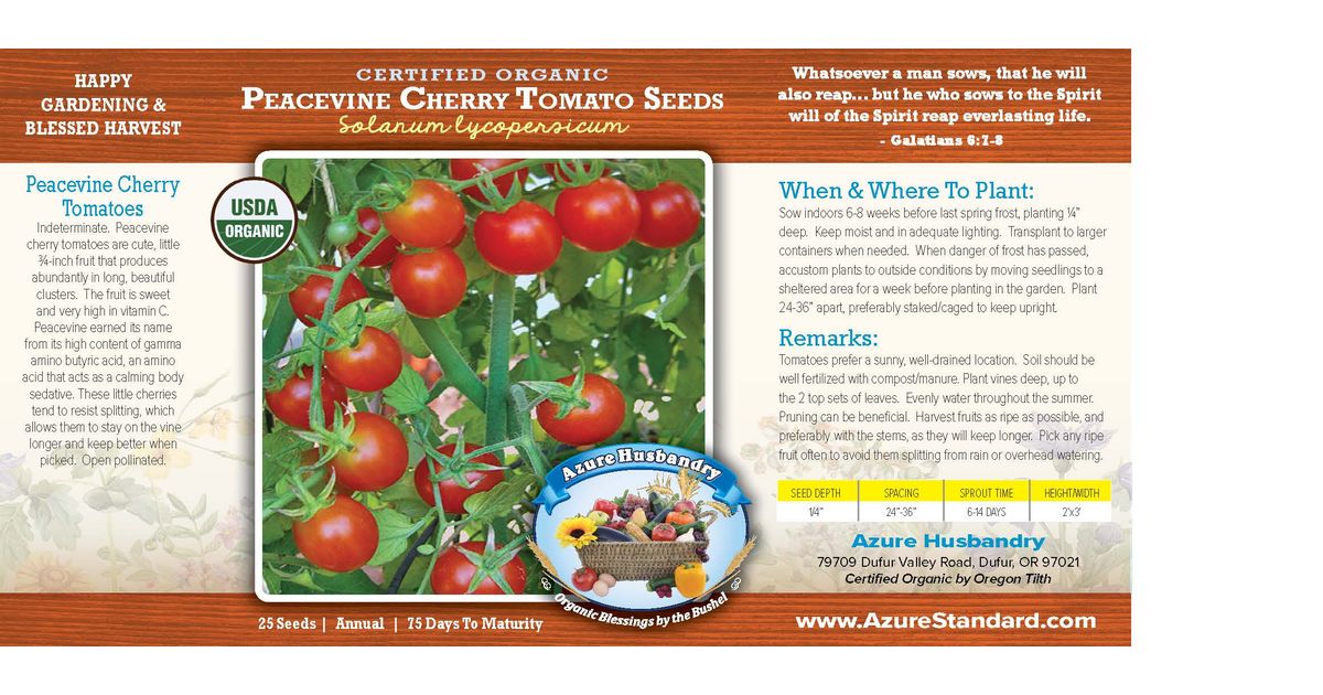 Azure Husbandry Peacevine Cherry Tomato Seed, Organic - Azure Standard