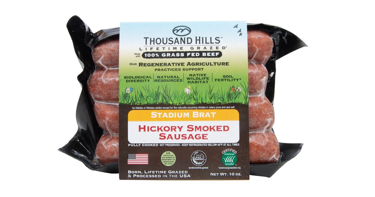 Thousand Hills Stadium Bratwurst, Beef, Uncured, Hickory Smoked, Frozen