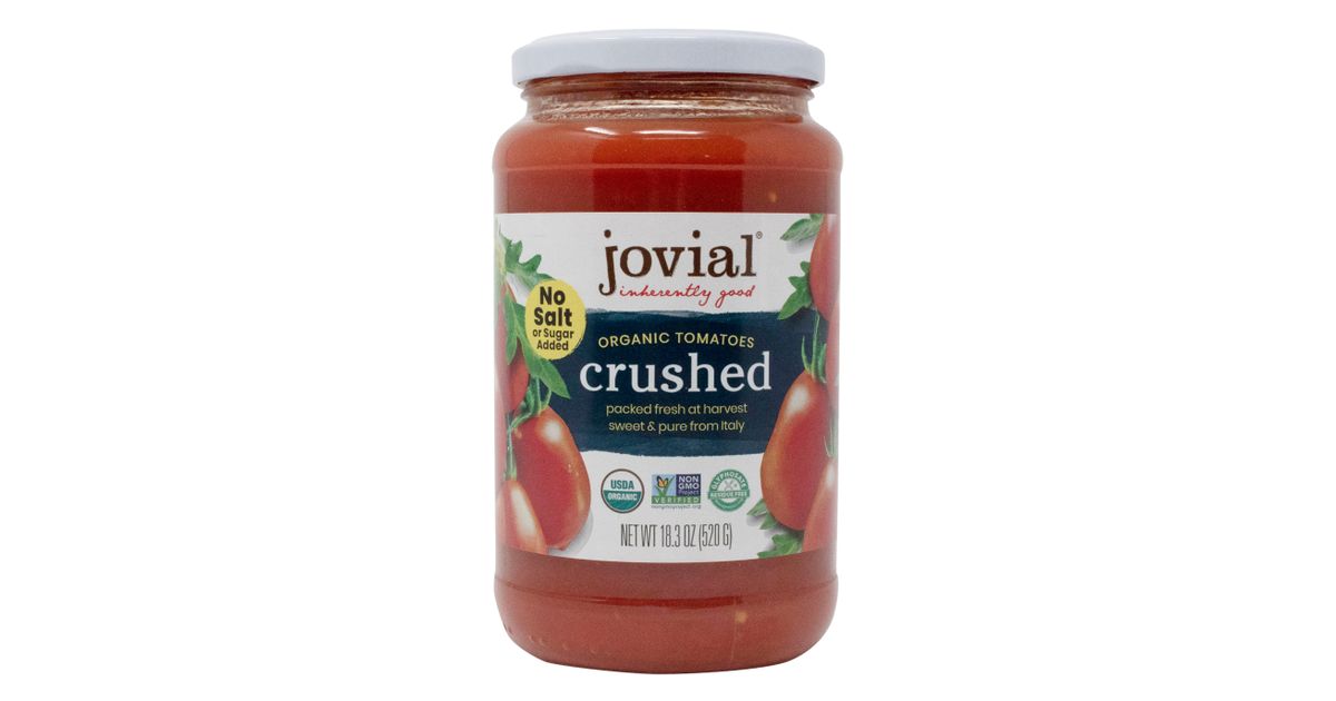Jovial Foods Tomatoes, Crushed, in Glass, Organic Azure Standard