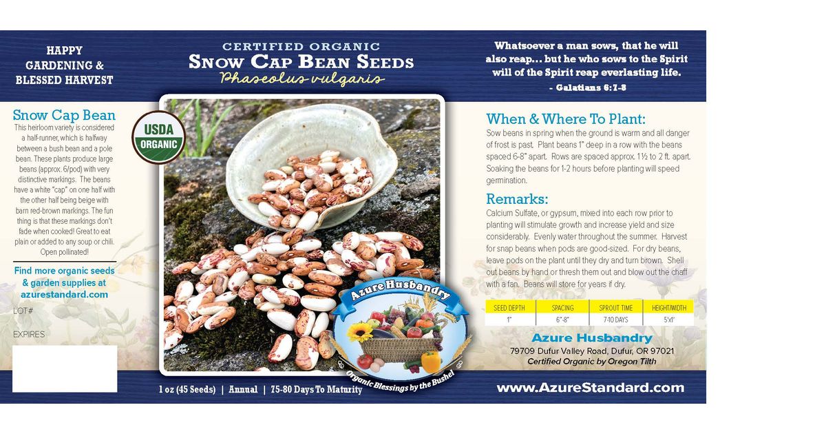 Azure Husbandry Snow Cap Bean Seed, Organic - Azure Standard