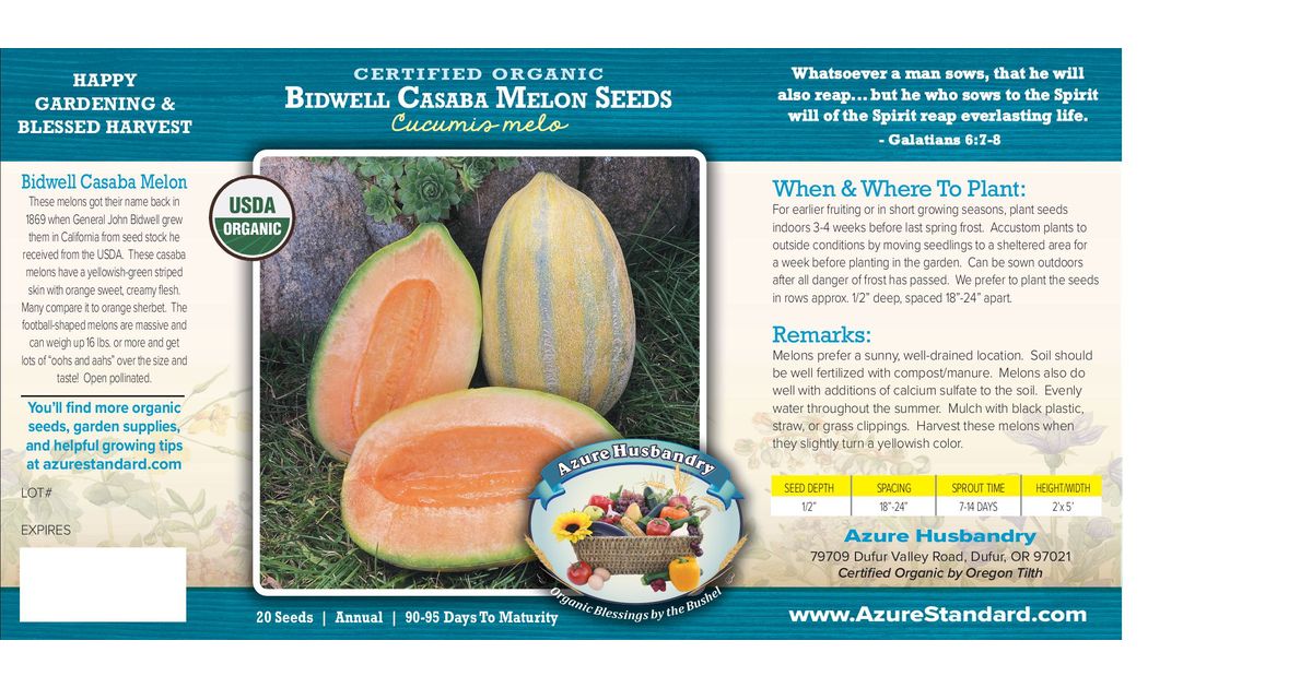 Azure Husbandry Bidwell Casaba Melon Seed, Organic - Azure Standard