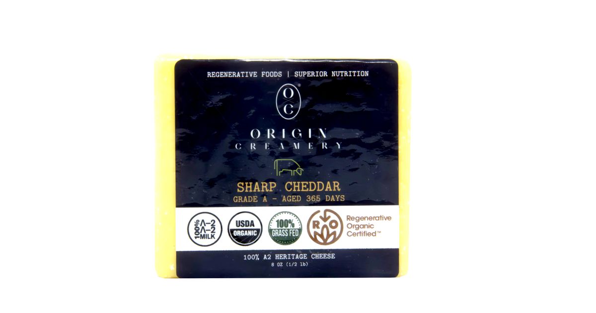Origin Creamery A2 Sharp Raw Cheddar Cheese Block, Aged 1 Year, Organic