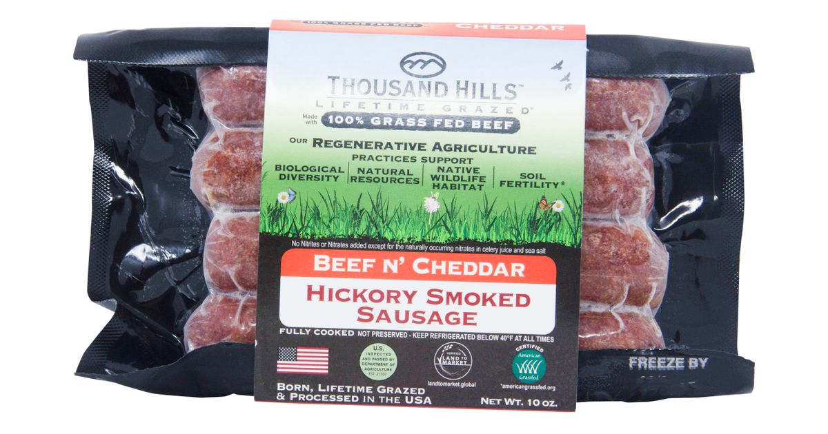 Thousand Hills Beef 'n Cheddar Sausage, Uncured, Hickory Smoked
