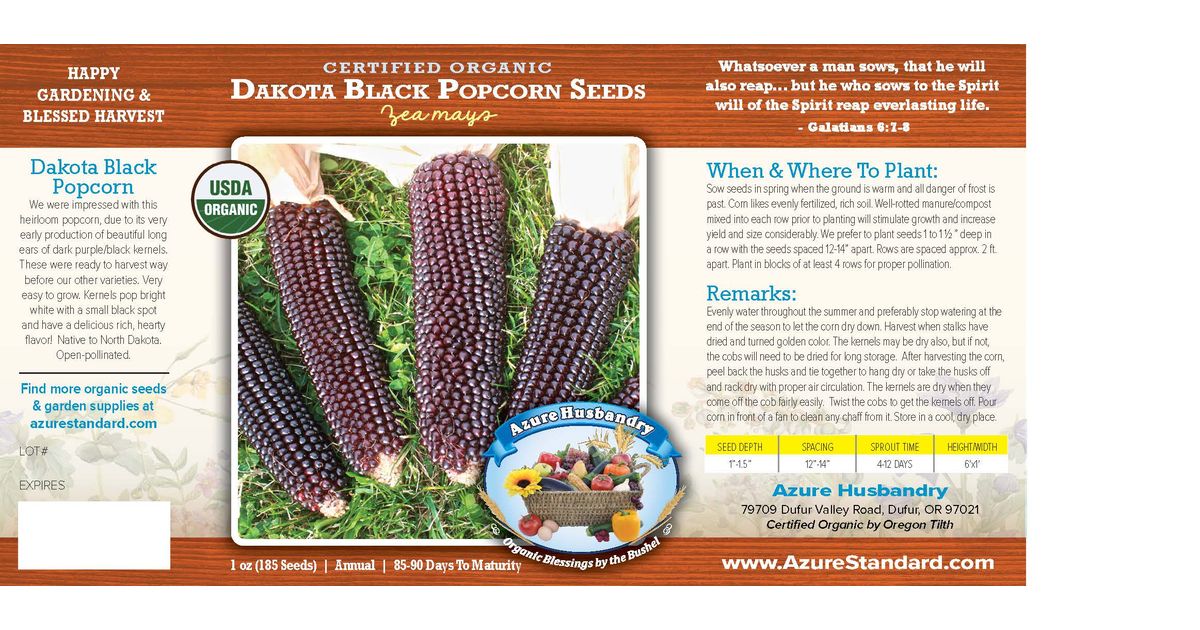 Dakota Black Popcorn Seed | Organic | 1 oz | Azure Husbandry