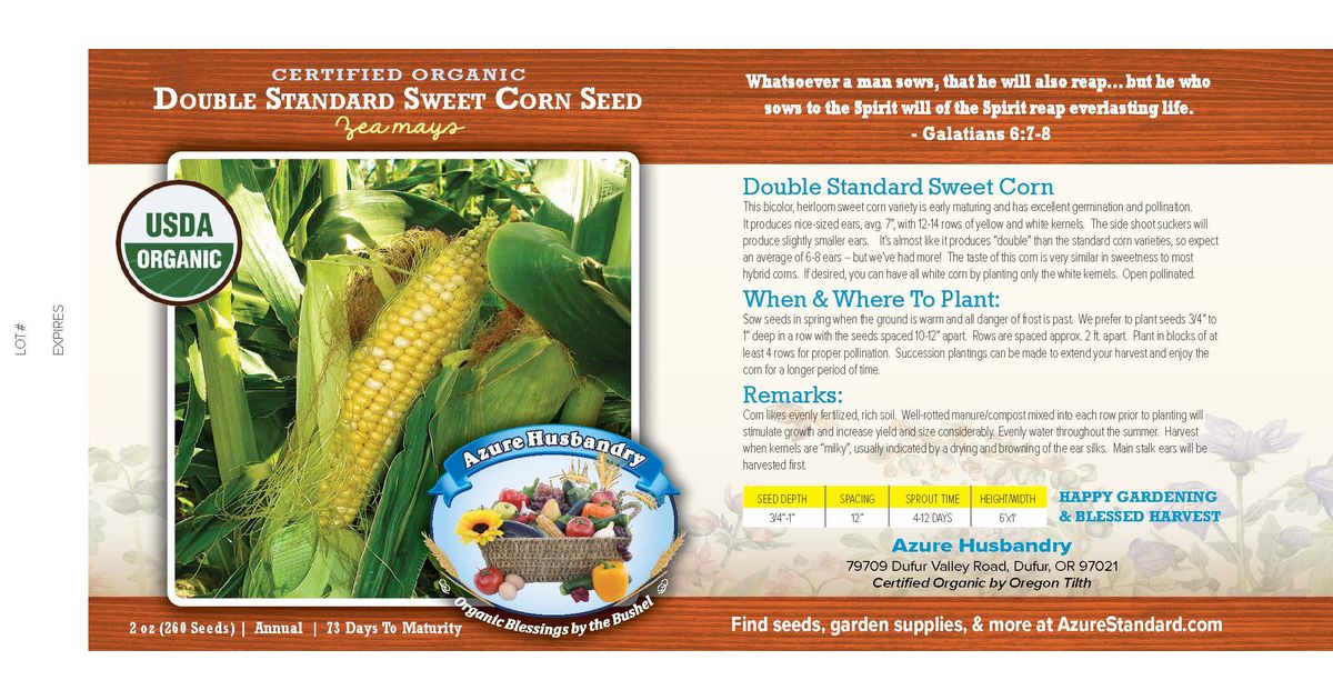 Azure Husbandry Double Standard Sweet Corn Seed, Organic - Azure