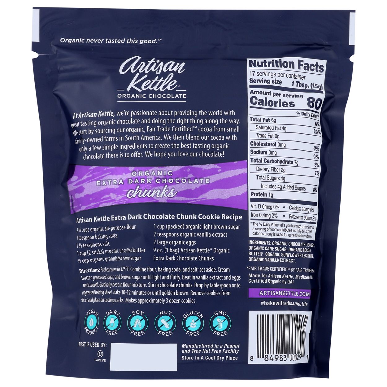 Artisan Kettle Chocolate Chips, Chunks, Extra Dark, Organic