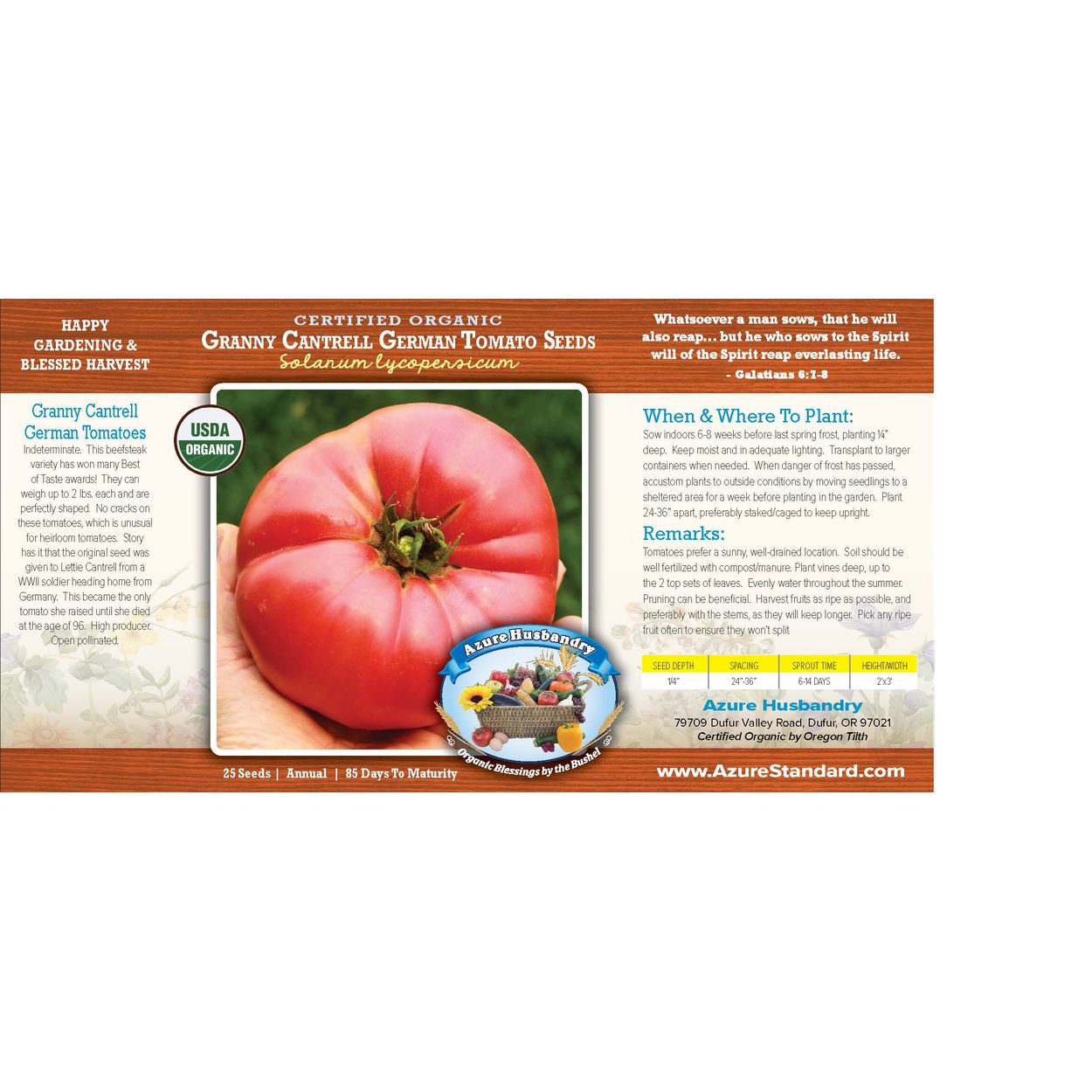 Azure Husbandry Granny Cantrell German Tomato Seed, Organic