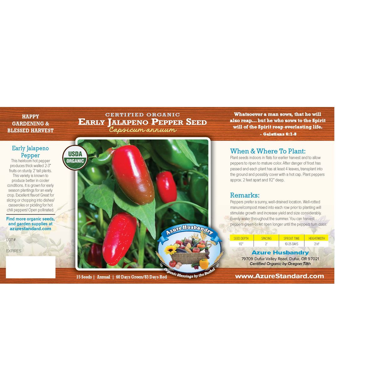 Azure Husbandry Early Jalapeno Pepper Seed, Organic - Azure Standard