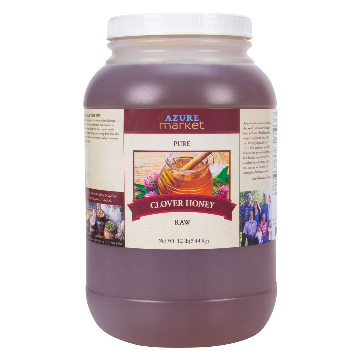 food storage of honey in large food grade plastic jar, link to Azure Standard