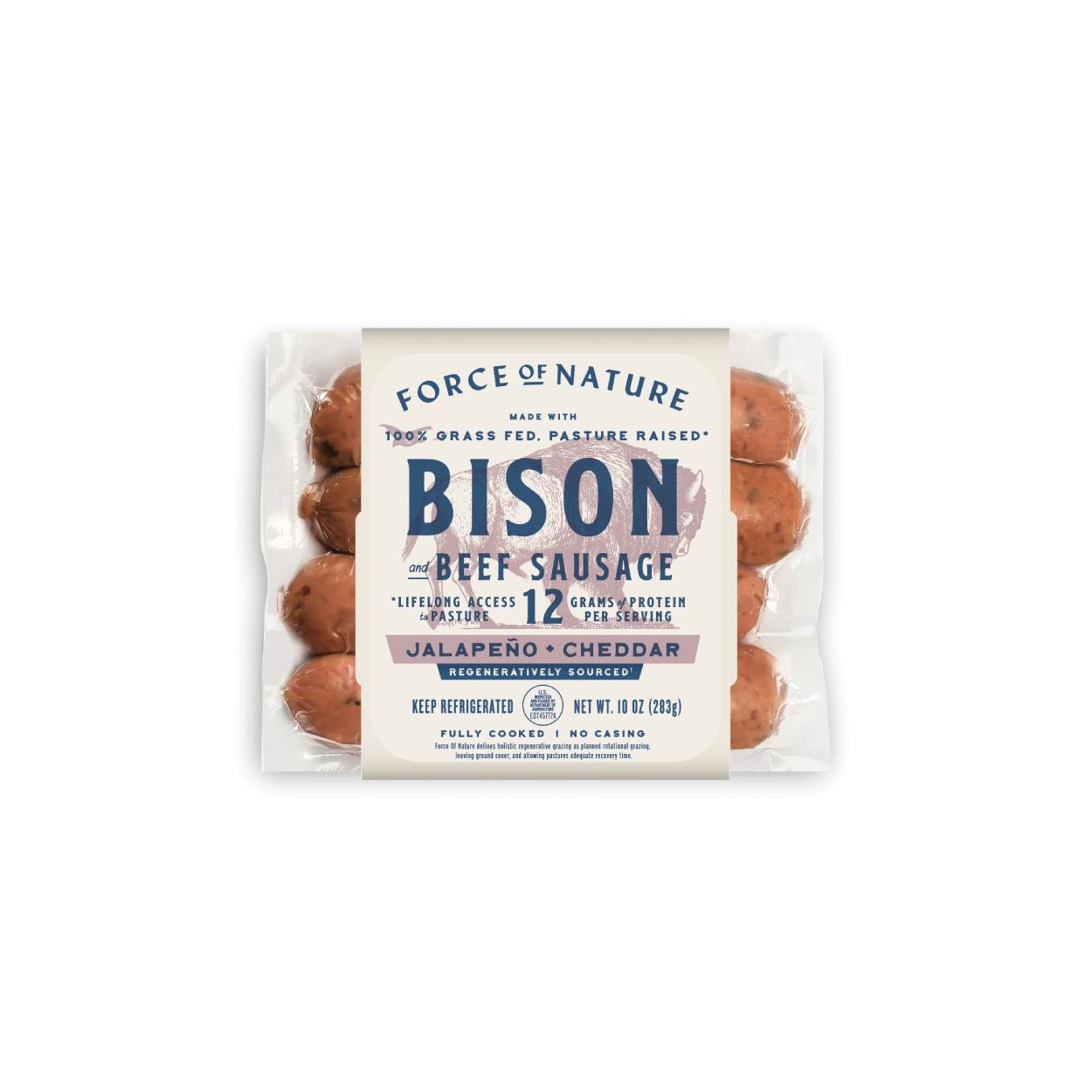 Force of Nature Bison Sausage Links, Jalapeno, Cheddar, Grass-Fed