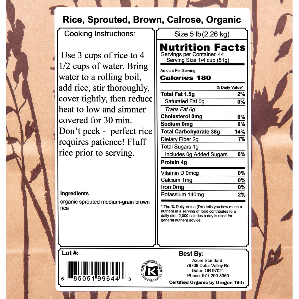 Azure Market Organics Rice, Sprouted, Brown, Calrose, Organic