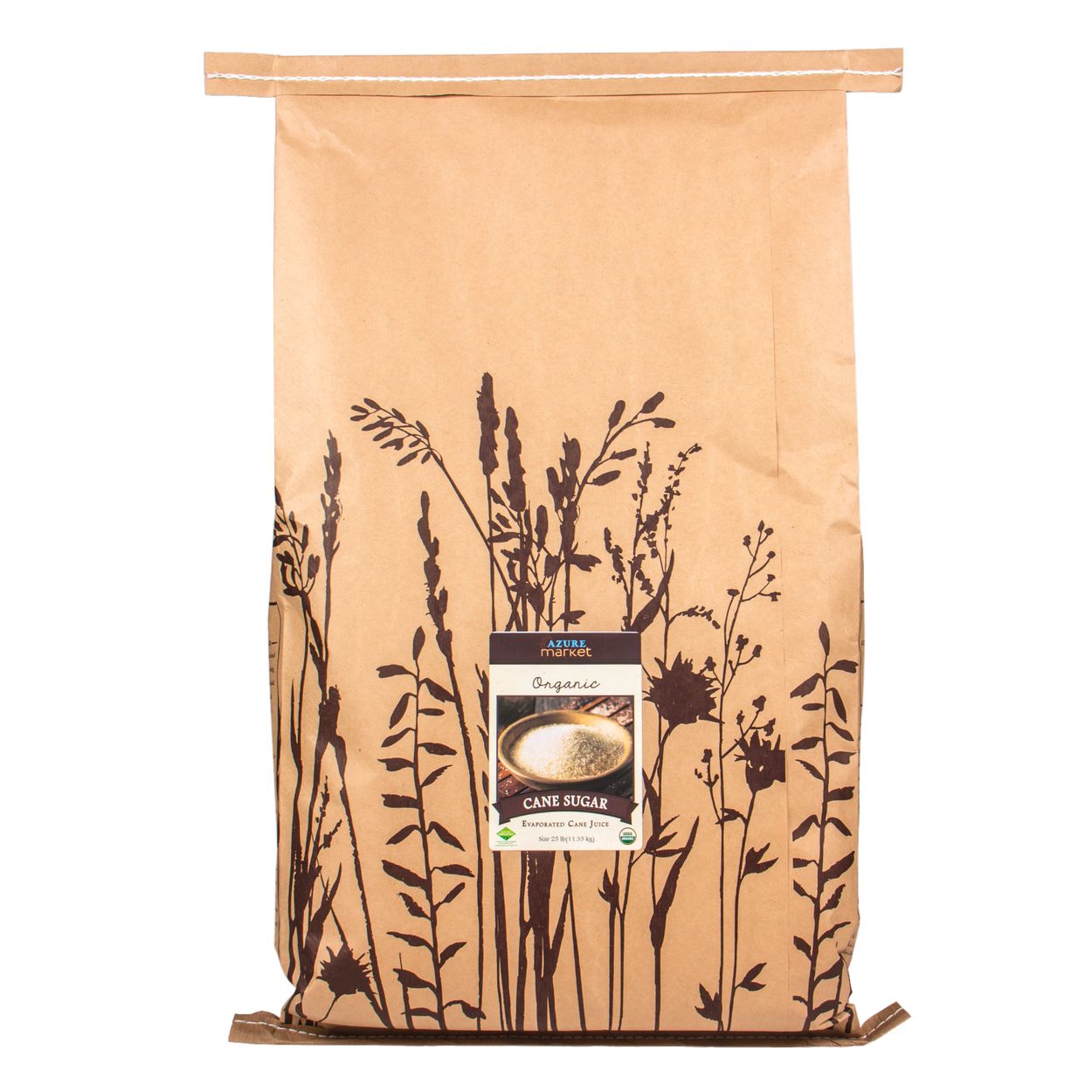 bulk food storage 25lb bag of organic cane sugar in large paper sack link to Azure Standard