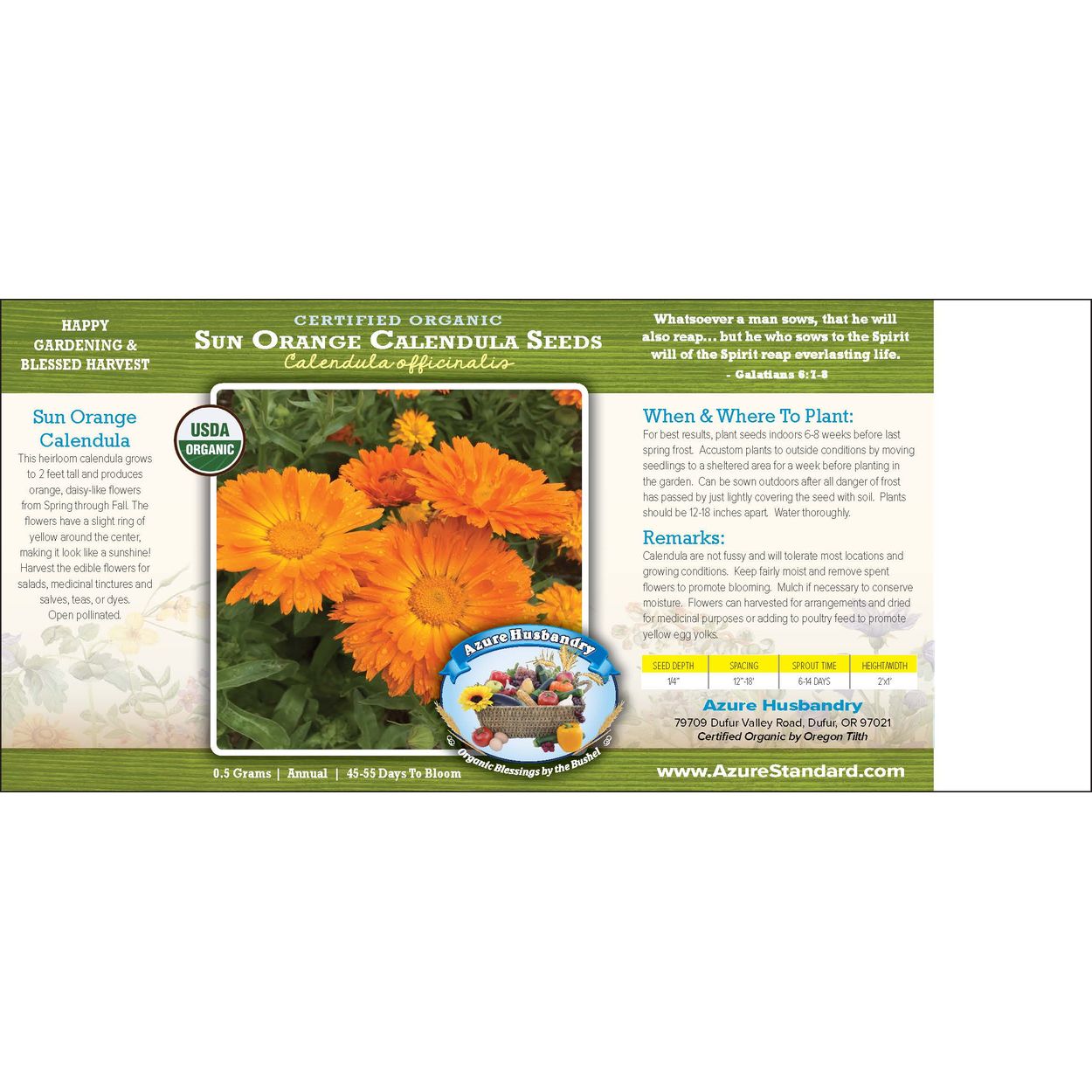 Azure Husbandry Sun Orange Calendula Seed, Organic - Azure Standard