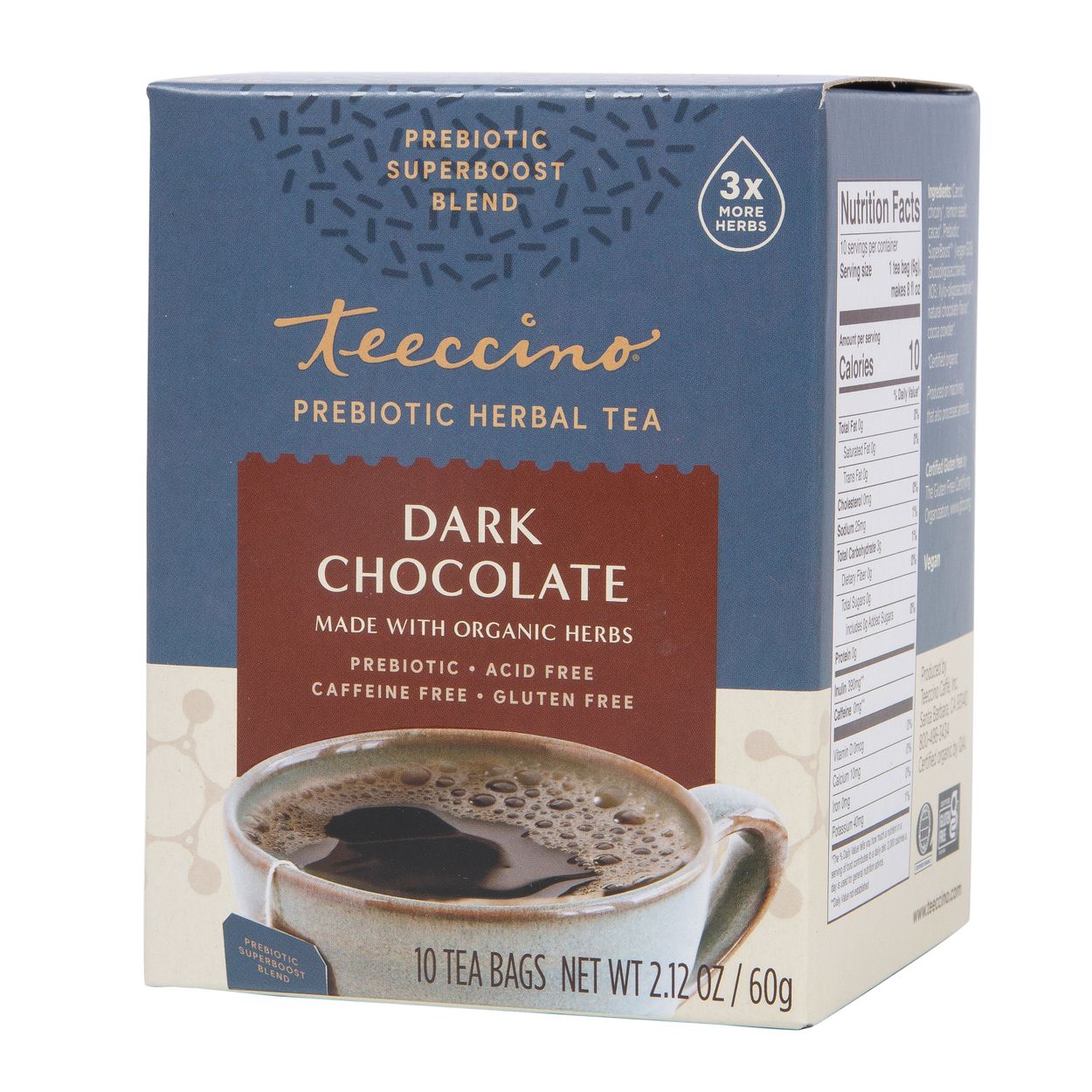 Teeccino Dark Chocolate, Prebiotic Herbal Tea, Organic - Azure