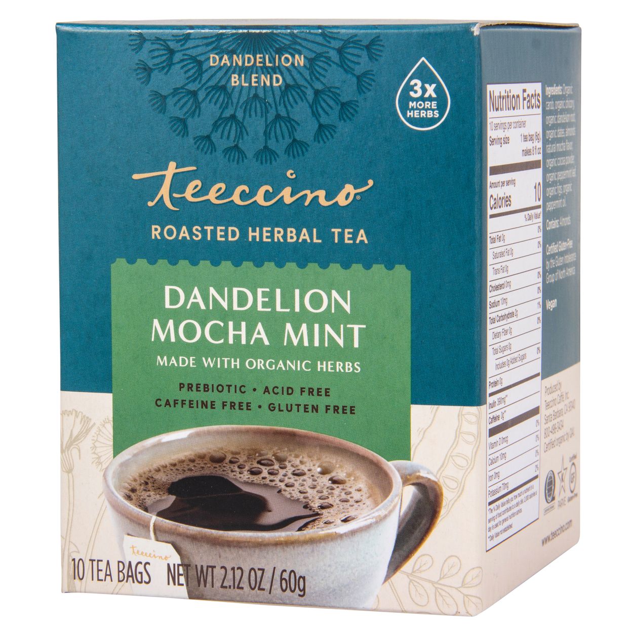 Teeccino Dandelion Mocha Mint, Roasted, Herbal Tea Bag - Azure