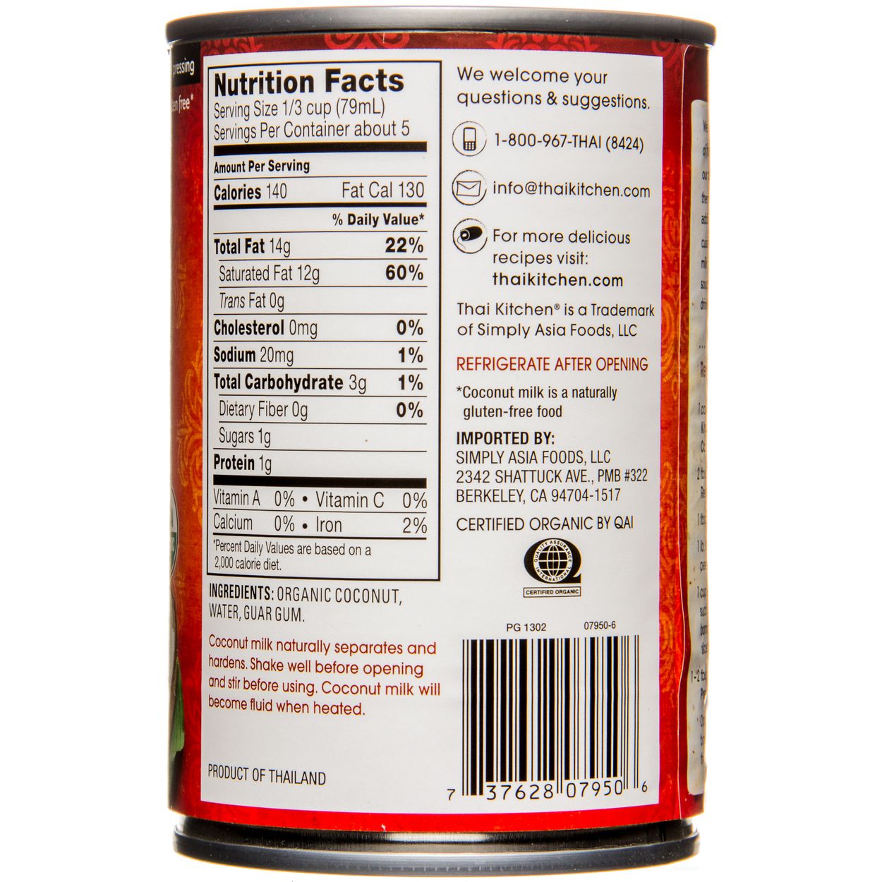 Thai Kitchen Coconut Milk Organic Azure Standard - Thai kitchen coconut milk nutrition label