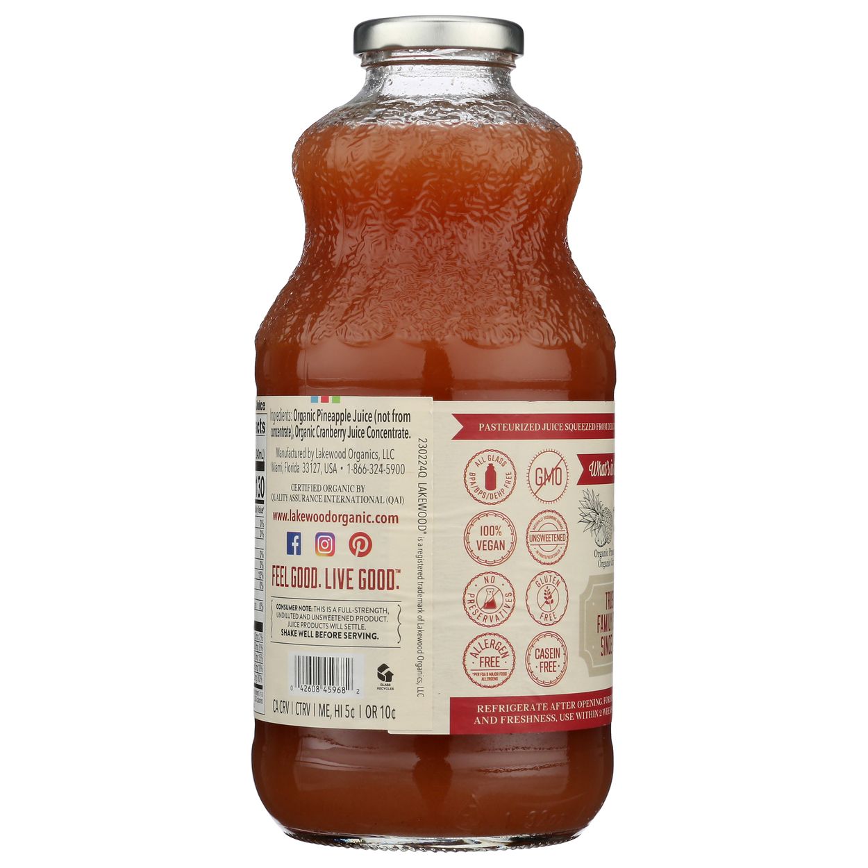 Lakewood Organic Juices Pineapple Cranberry Juice, Organic - Azure