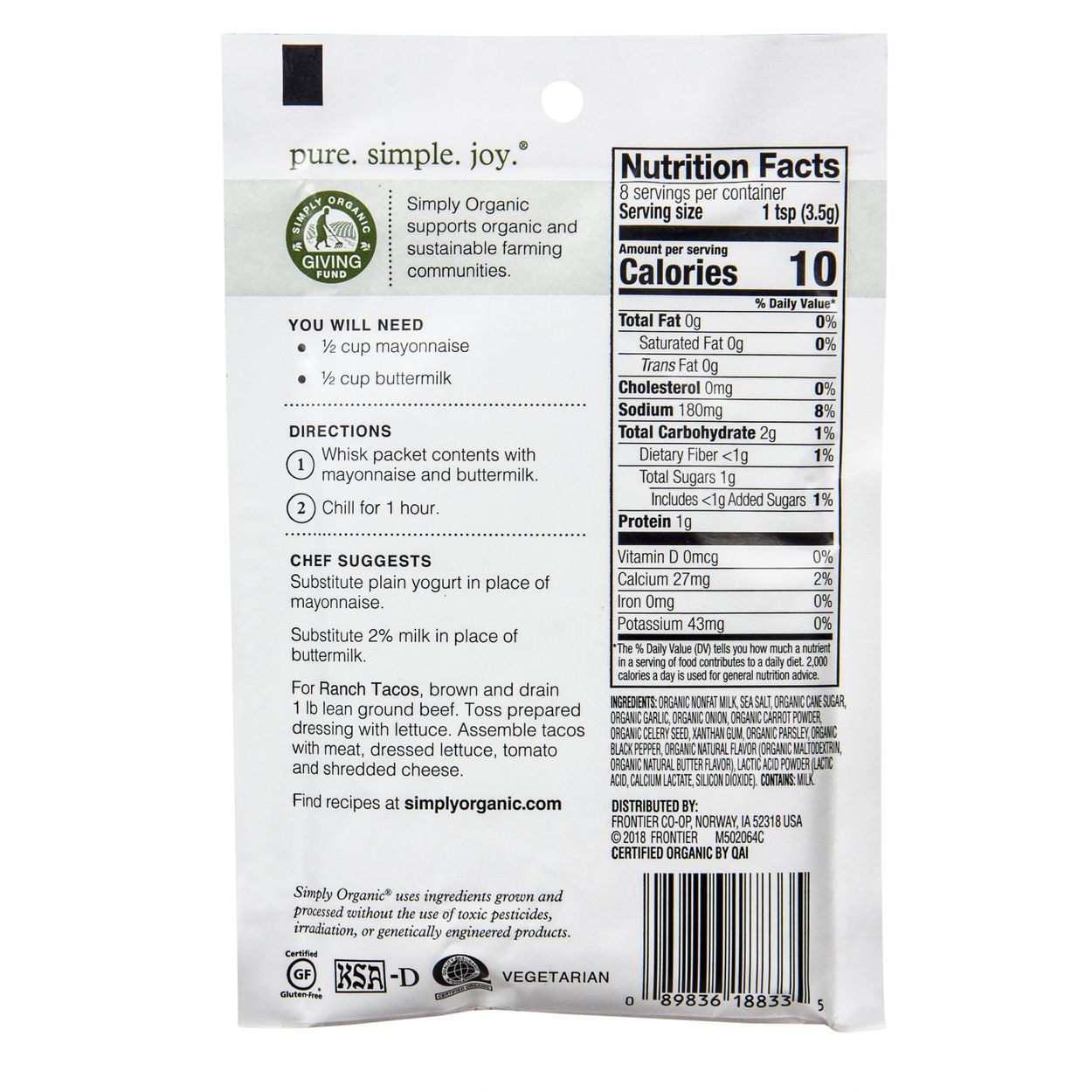 Simply Organic Ranch Dressing Mix, Organic - Azure Standard