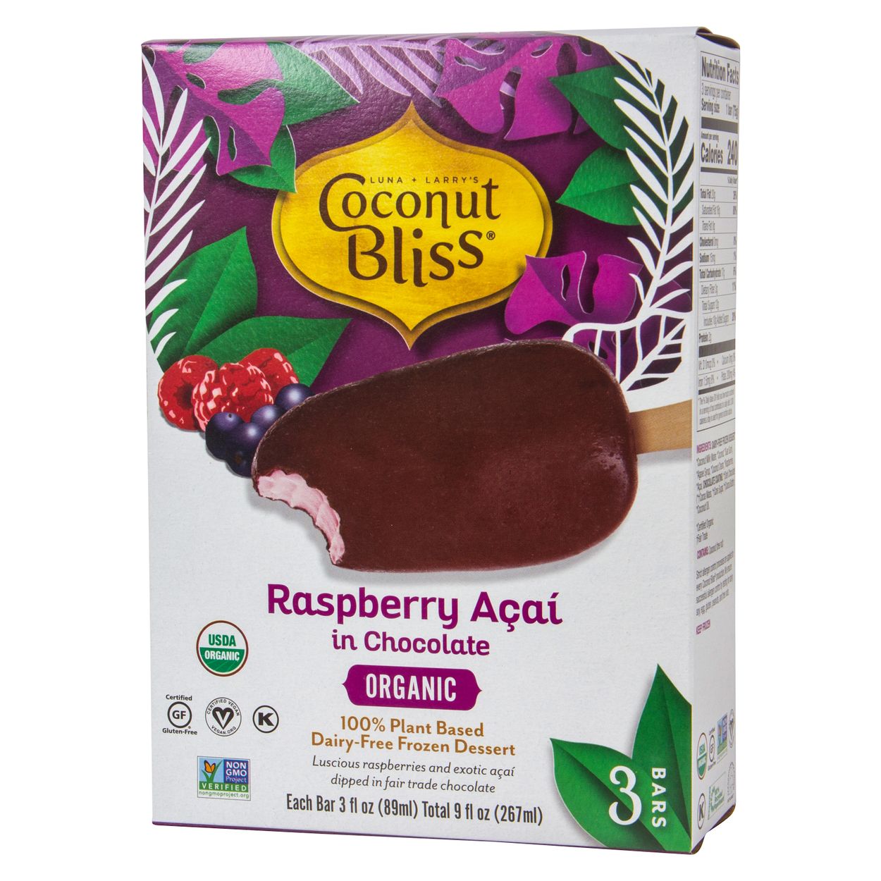 Cosmic Bliss Coconut Ice Cream Bar, Raspberry Acai in Chocolate