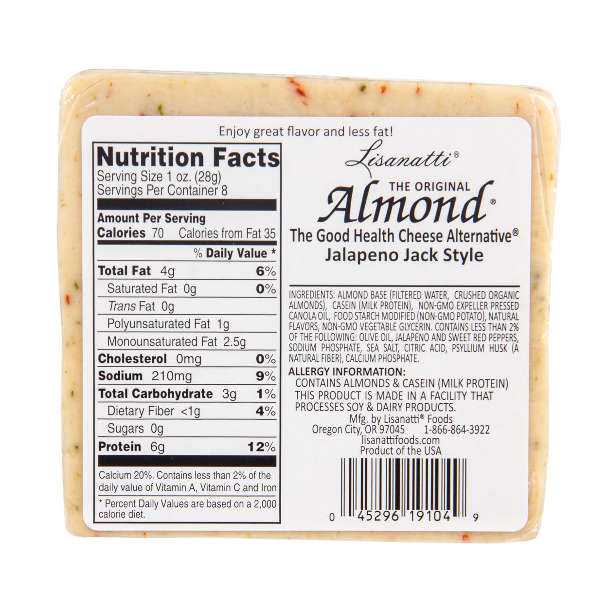 Lisanatti Almond Jalapeno Jack Style Azure Standard Monterrey jack cheese with jalapeno peppers (pasteurized milk, jalapeno peppers, cheese culture, salt, enzymes). usd