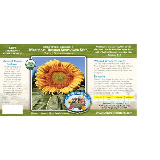 Azure Husbandry Mammoth Russian Sunflower Seed, Organic - Azure