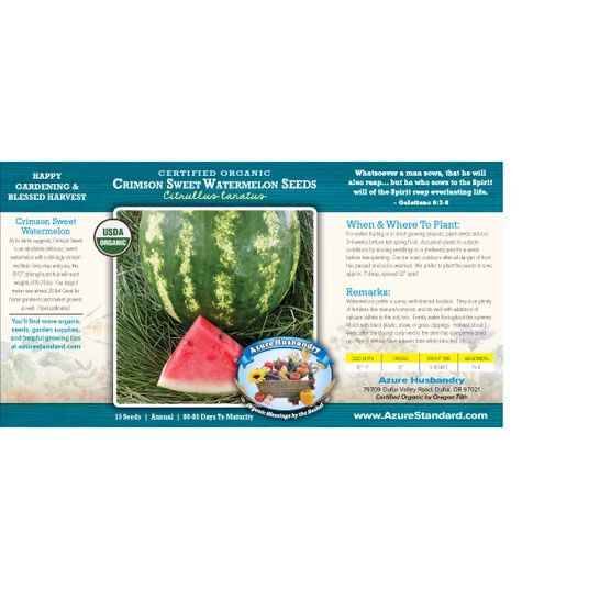Azure Husbandry Crimson Sweet Watermelon Seed, Organic - Azure
