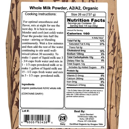 Azure Market Organics Whole Milk Powder, A2/A2, Organic ...
