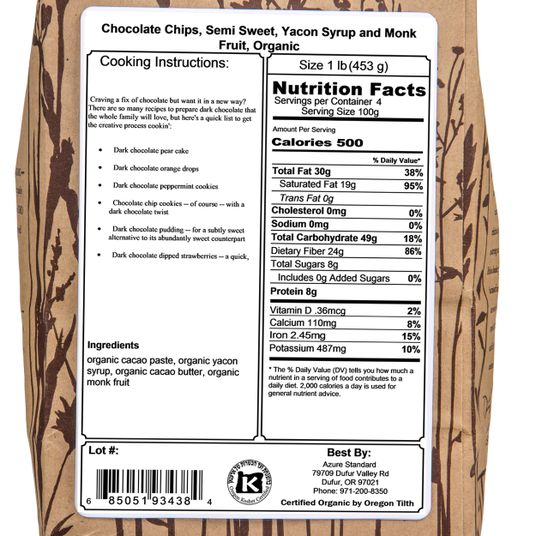 Azure Market Organics Chocolate Chips, Semi Sweet, Yacon Syrup and