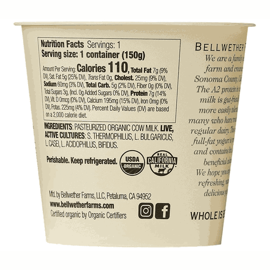 Bellwether Farms Yogurt, Whole Milk, Plain, A2 Organic - Azure