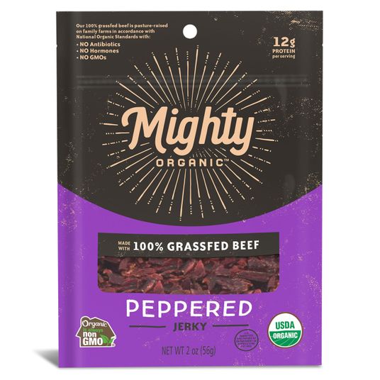 Organic Valley Mighty Beef Jerky, Peppered, GrassFed, Organic