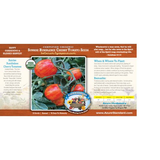 Azure Husbandry Sunrise Bumblebee Cherry Tomato Seed, Organic