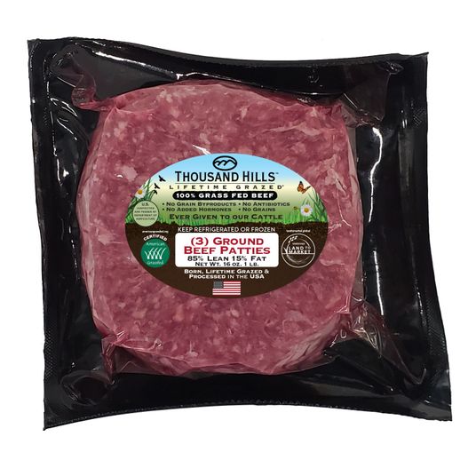 Thousand Hills Ground Beef, Patties, 85/15, GrassFed, Frozen Azure