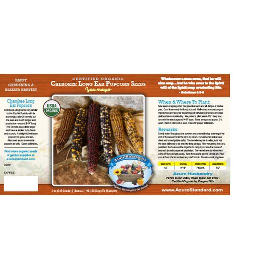 Azure Husbandry Cherokee Long Ear Popcorn Seed, Organic Azure Standard