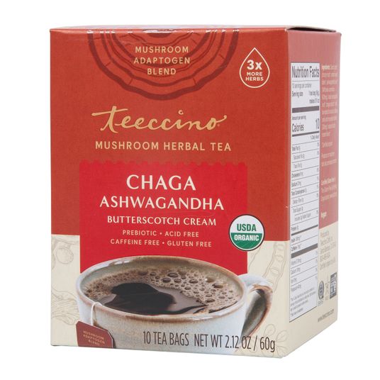 Teeccino Chaga Ashwagandha, Mushroom Herbal Tea, Organic Azure Standard