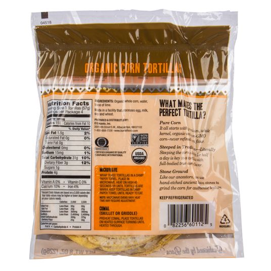 Bueno Tortillas 6 Inch Corn Frozen Organic Azure Standard - Corn tortilla nutrition label