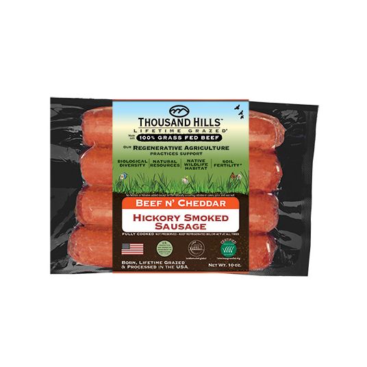 Thousand Hills Beef 'n Cheddar Sausage, Uncured, Hickory Smoked
